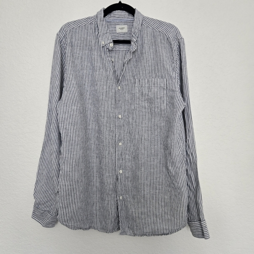 Academy Brand Mens L Rory Linen‎ Shirt Striped Button Down Navy